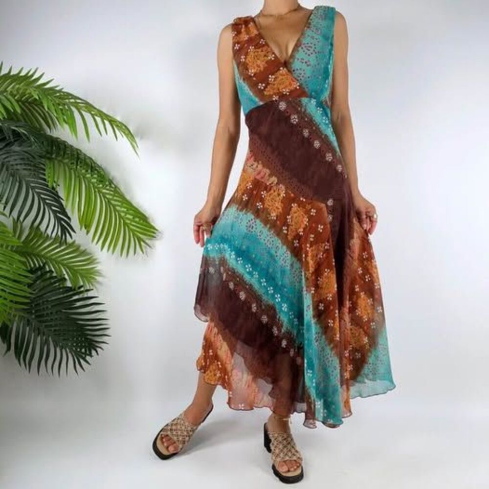 Y2K Brown Fairy Grunge Floral Boho Hippie Sleeveless Midi Dress Size 14